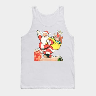 Santa Claus with his friends on the roof by the fireplace at Christmas Retro Vintage Comic Cartoon Tank Top